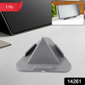 Side view of grey pyramid phone stand showcasing stability