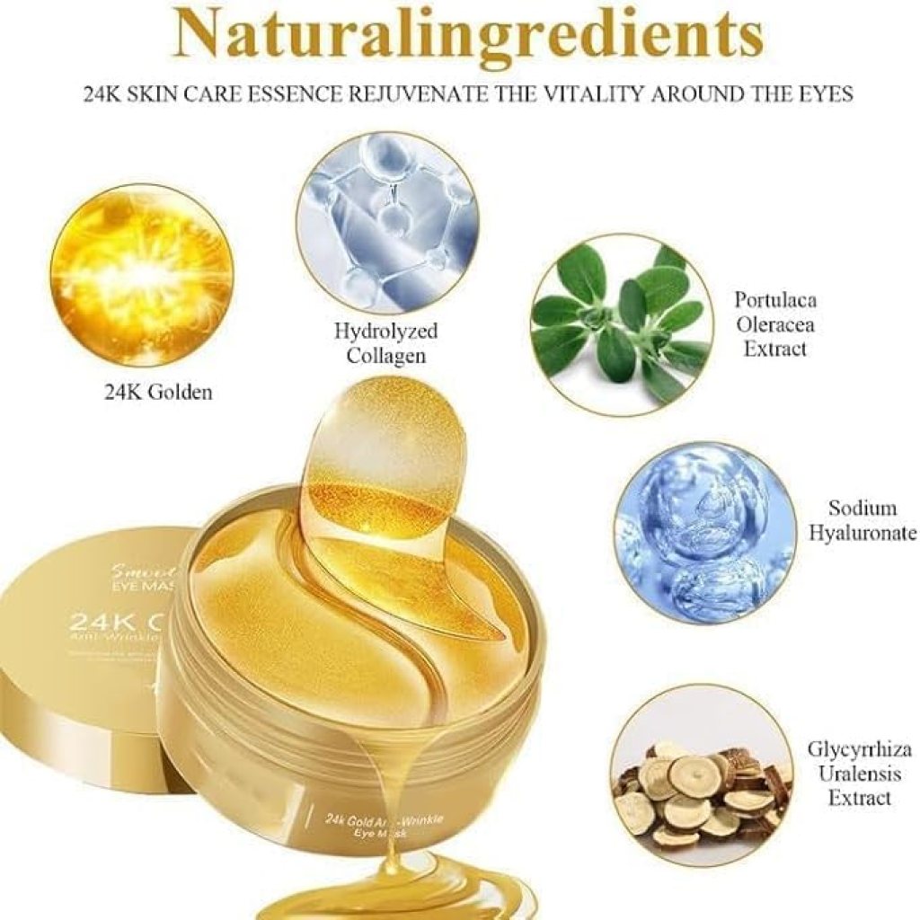 60 Pcs Under Eye Mask for Dark Circles with 24k Gold, Eye Cooling Gel Pads, Hydrogel Eye Patch Mask with Collagen for Relaxing Eyes, Reducing Puffiness & Wrinkles