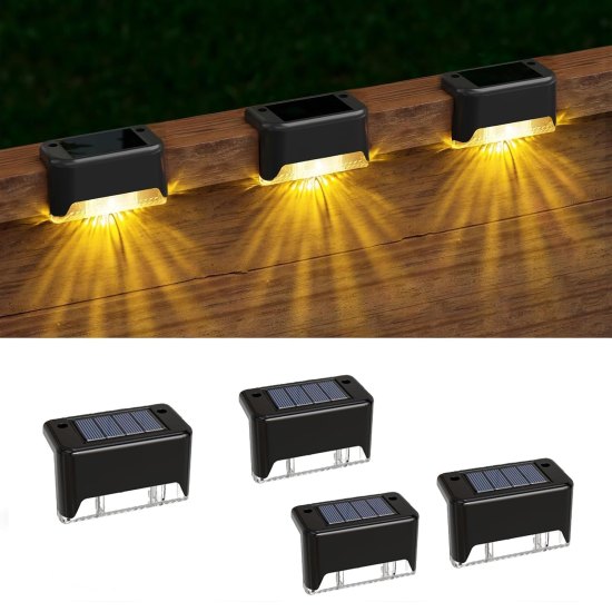 Waterproof LED Solar Step Fence Lights for Outdoor Decks, Warm Yellow, Outside Lighting for Wall, Garden Backyard, Patio Balcony Decor, (Pack of 4/Black).