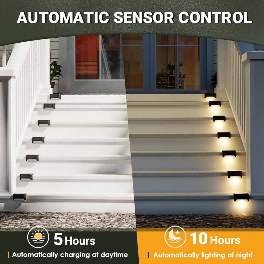 Waterproof LED Solar Step Fence Lights for Outdoor Decks, Warm Yellow, Outside Lighting for Wall, Garden Backyard, Patio Balcony Decor, (Pack of 4/Black).