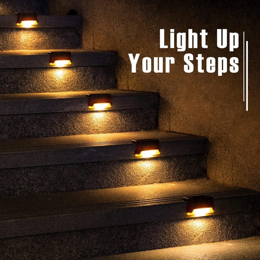 Waterproof LED Solar Step Fence Lights for Outdoor Decks, Warm Yellow, Outside Lighting for Wall, Garden Backyard, Patio Balcony Decor, (Pack of 4/Black).