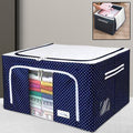 Foldable clothes organizer bag with steel frame structure for durable storage.
