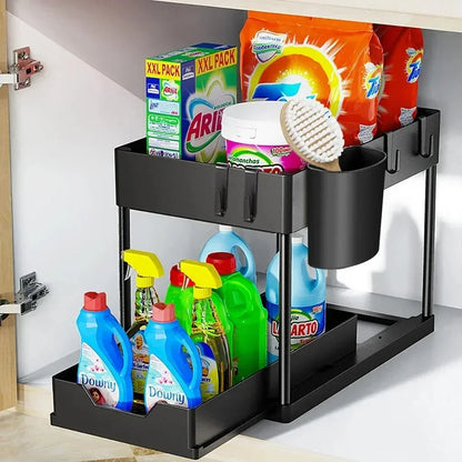 2 Tier under Sink Sliding Cabinet Basket Organizer Storage Rack with Hooks Hanging Cup Bathroom Multifunctional Storage Rack