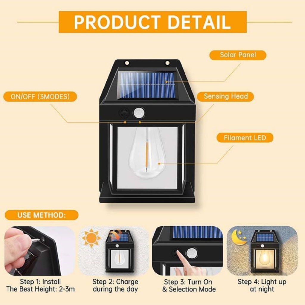 New Exterior Wall Lights Wireless ireless Motion Sensor Lanterns with 3 Lighting Modes , Solar Power Warm Light Outdoor Light Courtyard Human Induction Lamp, Waterproof Outdoor Lamp for Garden, Patio, Yard.