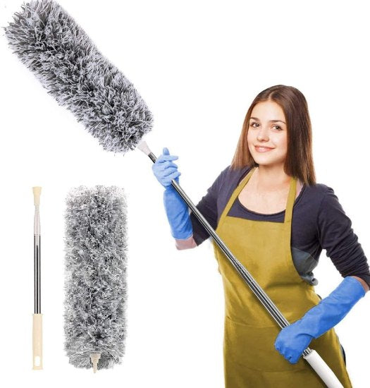 Microfiber Feather Duster for Cleaning with Telescopic Extension Pole Long Up to 100 Inches Bendable Head, Scratch-Resistant Washable Duster for High Ceiling Fan Car Furniture Home Window Blinds Furniture Roof Cleaner (Grey)