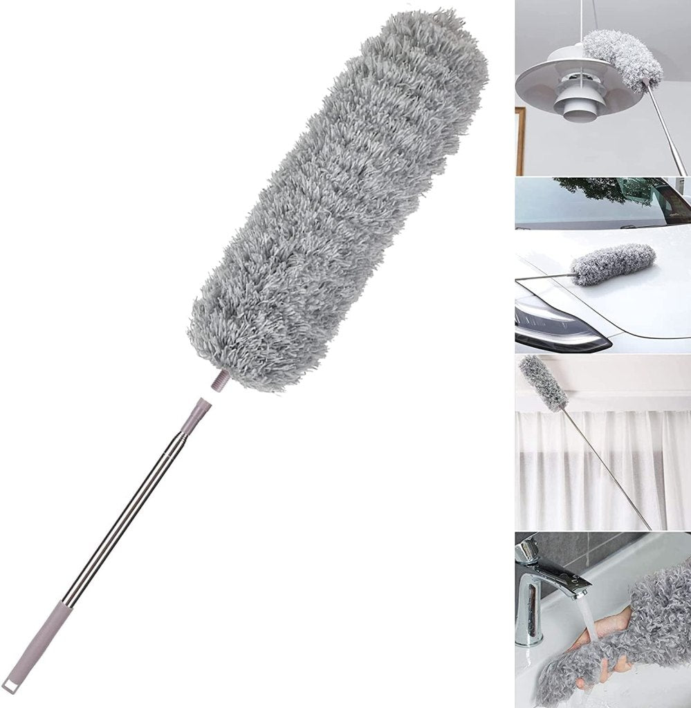 Microfiber Feather Duster for Cleaning with Telescopic Extension Pole Long Up to 100 Inches Bendable Head, Scratch-Resistant Washable Duster for High Ceiling Fan Car Furniture Home Window Blinds Furniture Roof Cleaner (Grey)