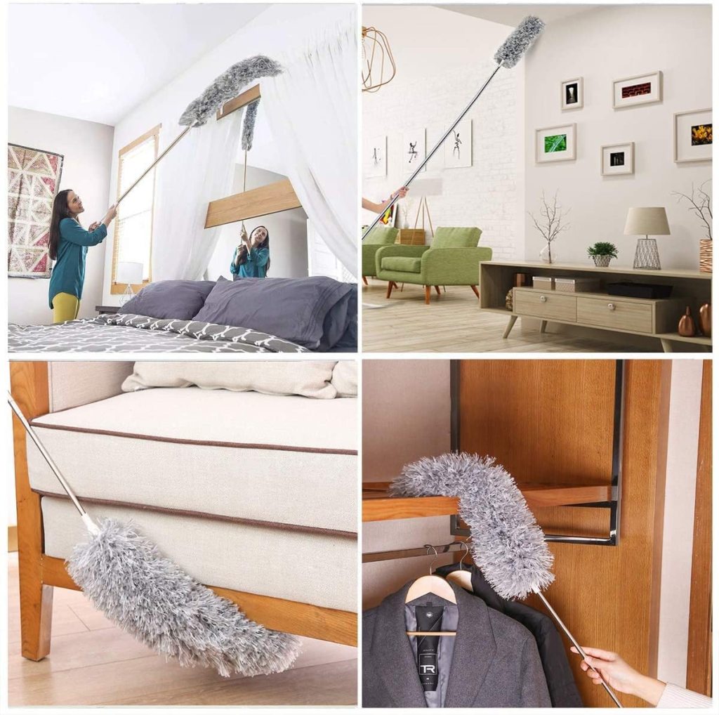 Microfiber Feather Duster for Cleaning with Telescopic Extension Pole Long Up to 100 Inches Bendable Head, Scratch-Resistant Washable Duster for High Ceiling Fan Car Furniture Home Window Blinds Furniture Roof Cleaner (Grey)