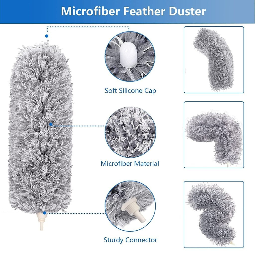 Microfiber Feather Duster for Cleaning with Telescopic Extension Pole Long Up to 100 Inches Bendable Head, Scratch-Resistant Washable Duster for High Ceiling Fan Car Furniture Home Window Blinds Furniture Roof Cleaner (Grey)