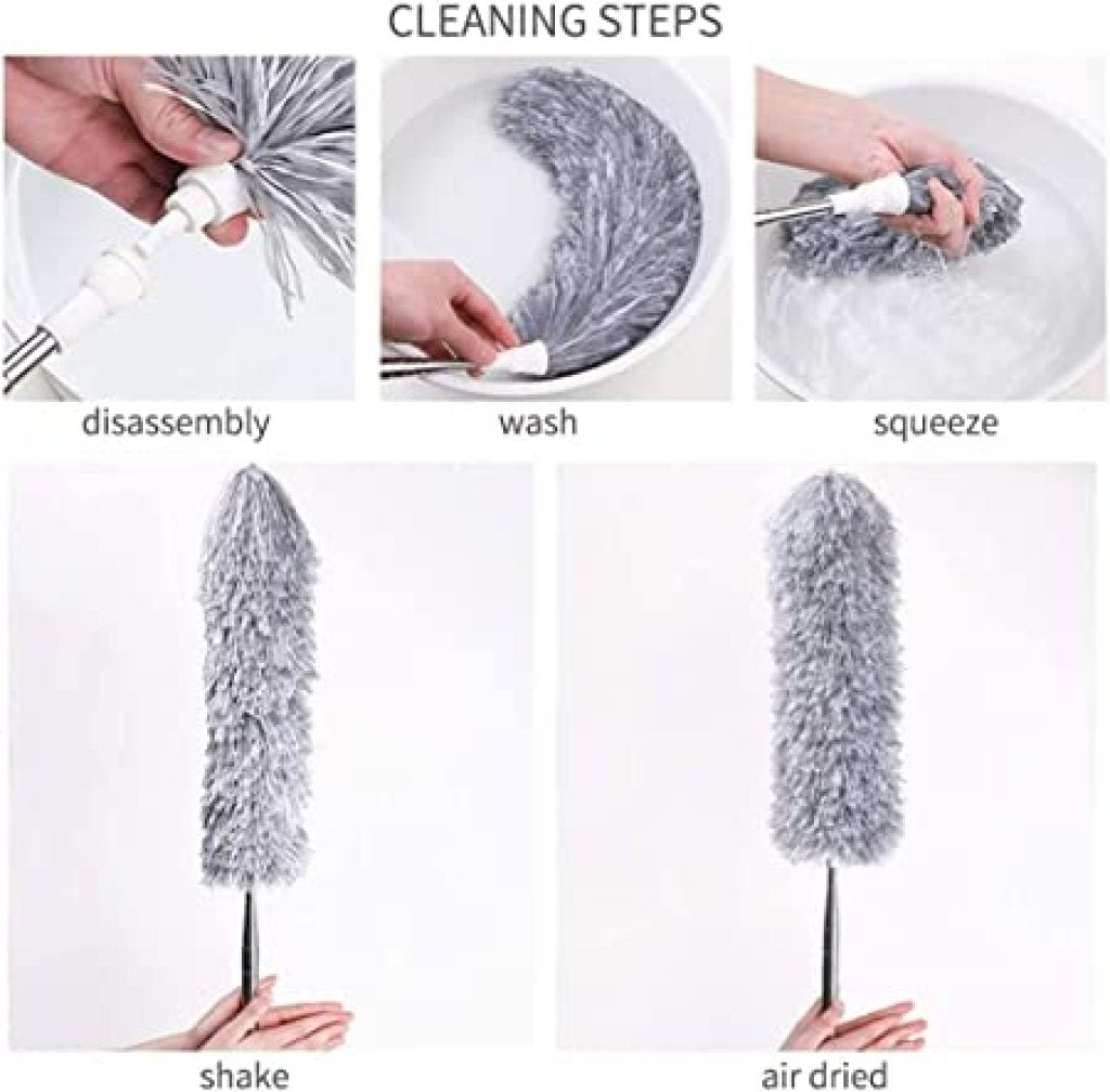 Microfiber Feather Duster for Cleaning with Telescopic Extension Pole Long Up to 100 Inches Bendable Head, Scratch-Resistant Washable Duster for High Ceiling Fan Car Furniture Home Window Blinds Furniture Roof Cleaner (Grey)