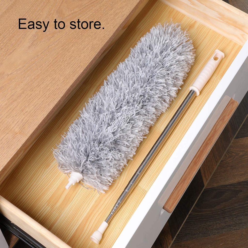 Microfiber Feather Duster for Cleaning with Telescopic Extension Pole Long Up to 100 Inches Bendable Head, Scratch-Resistant Washable Duster for High Ceiling Fan Car Furniture Home Window Blinds Furniture Roof Cleaner (Grey)