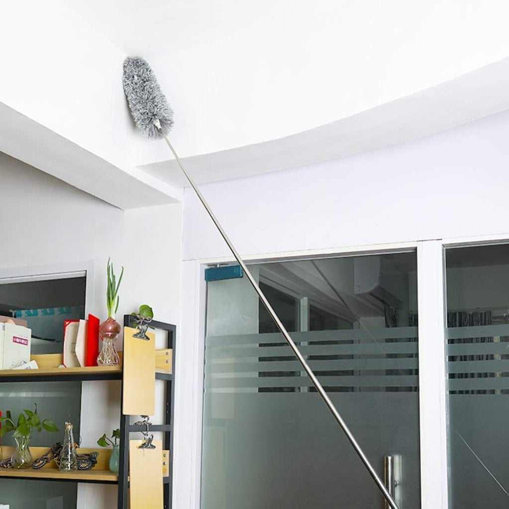 Microfiber Feather Duster for Cleaning with Telescopic Extension Pole Long Up to 100 Inches Bendable Head, Scratch-Resistant Washable Duster for High Ceiling Fan Car Furniture Home Window Blinds Furniture Roof Cleaner (Grey)
