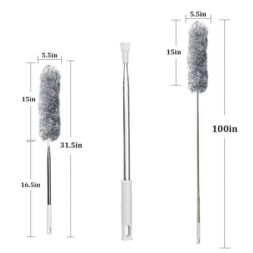 Microfiber Feather Duster for Cleaning with Telescopic Extension Pole Long Up to 100 Inches Bendable Head, Scratch-Resistant Washable Duster for High Ceiling Fan Car Furniture Home Window Blinds Furniture Roof Cleaner (Grey)