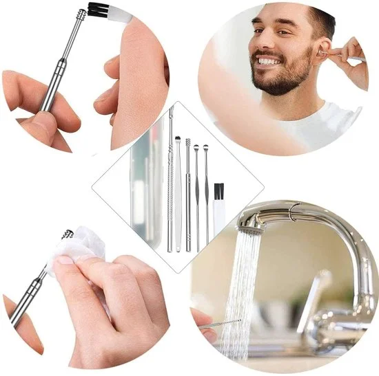 6 in 1 Ear Wax Cleaner set, Ear Wax Remover Stainless Steel Tool kit With Ear Pick Ear Wax Collector Spiral Ears Curette Cleaning Wax Pick kit