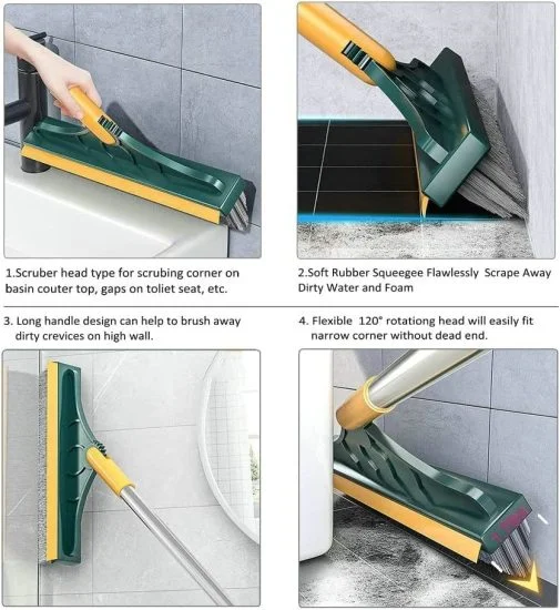 Bathroom Cleaning Brush with Wiper 2 in 1 Tiles Cleaning Brush Floor Scrub Bathroom Brush with Long Handle 120° Rotate Bathroom Floor Cleaning Solution (Standard)