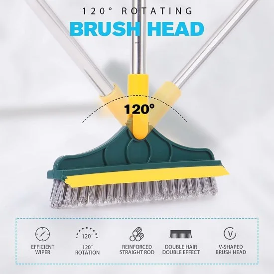 Bathroom Cleaning Brush with Wiper 2 in 1 Tiles Cleaning Brush Floor Scrub Bathroom Brush with Long Handle 120° Rotate Bathroom Floor Cleaning Solution (Standard)