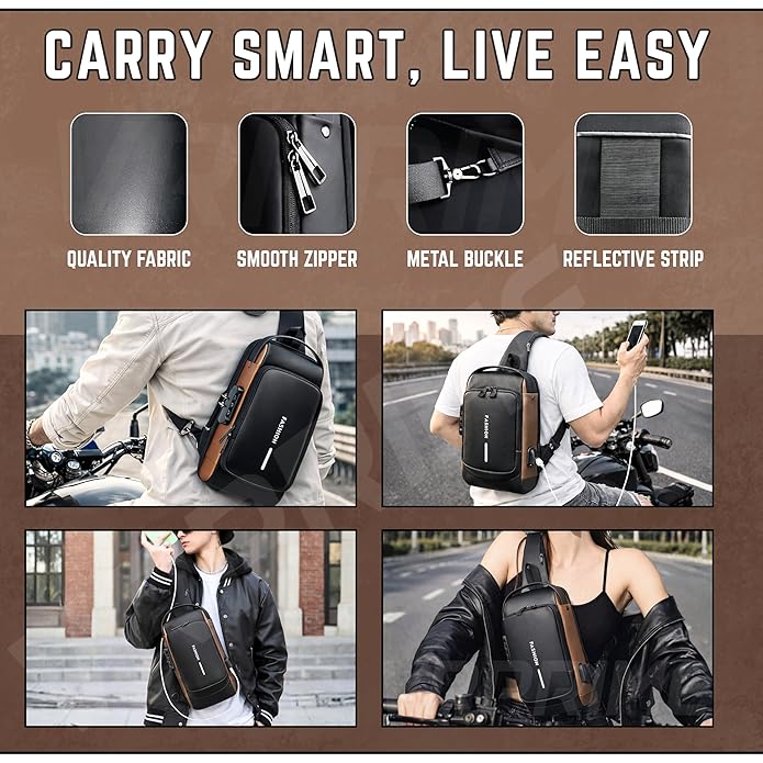 Waterproof Polyester Slim Unisex Crossbody Sling Bag Chest Anti Theft Backpack for Men and Women, Men's Shoulder Bag, Leisure Travel Handbag, Hard Shell Password Lock, Crossbody Backpack Bag for Hiking, Cycling, Travel (Black).