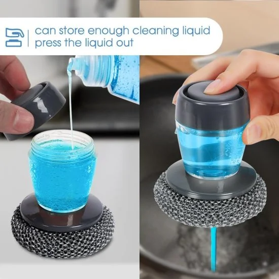 Brush Dish Cleaning Brush with Liquid Dispensar Palm Dishes Pot, pan, Sink scrubbing Household soap Dispenser for Tool Dispensing wash Kitchen Utensils Scrubber Multipurpose in Kitchen