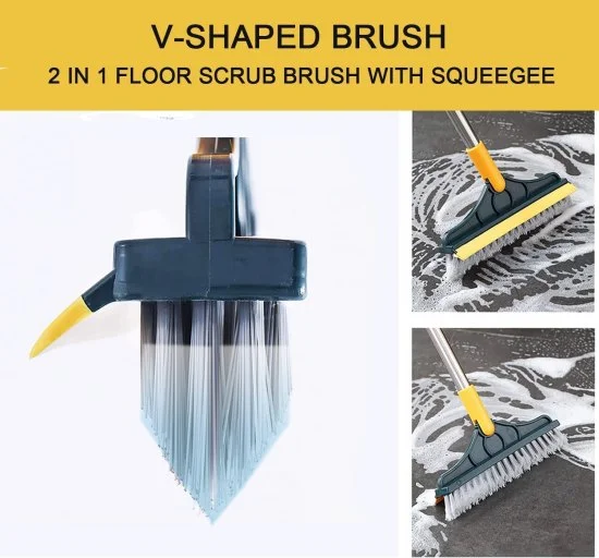 Bathroom Cleaning Brush with Wiper 2 in 1 Tiles Cleaning Brush Floor Scrub Bathroom Brush with Long Handle 120° Rotate Bathroom Floor Cleaning Solution (Standard)