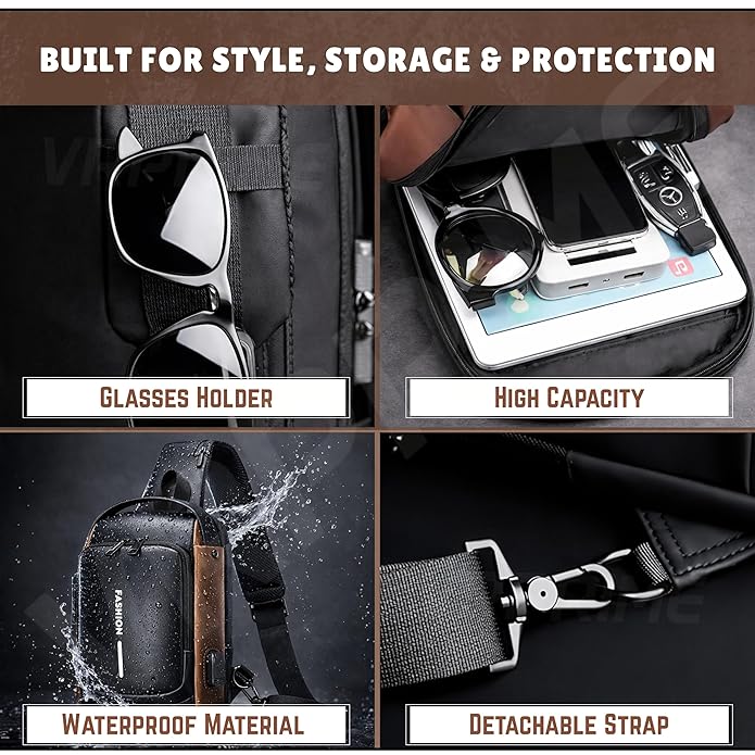 Waterproof Polyester Slim Unisex Crossbody Sling Bag Chest Anti Theft Backpack for Men and Women, Men's Shoulder Bag, Leisure Travel Handbag, Hard Shell Password Lock, Crossbody Backpack Bag for Hiking, Cycling, Travel (Black).